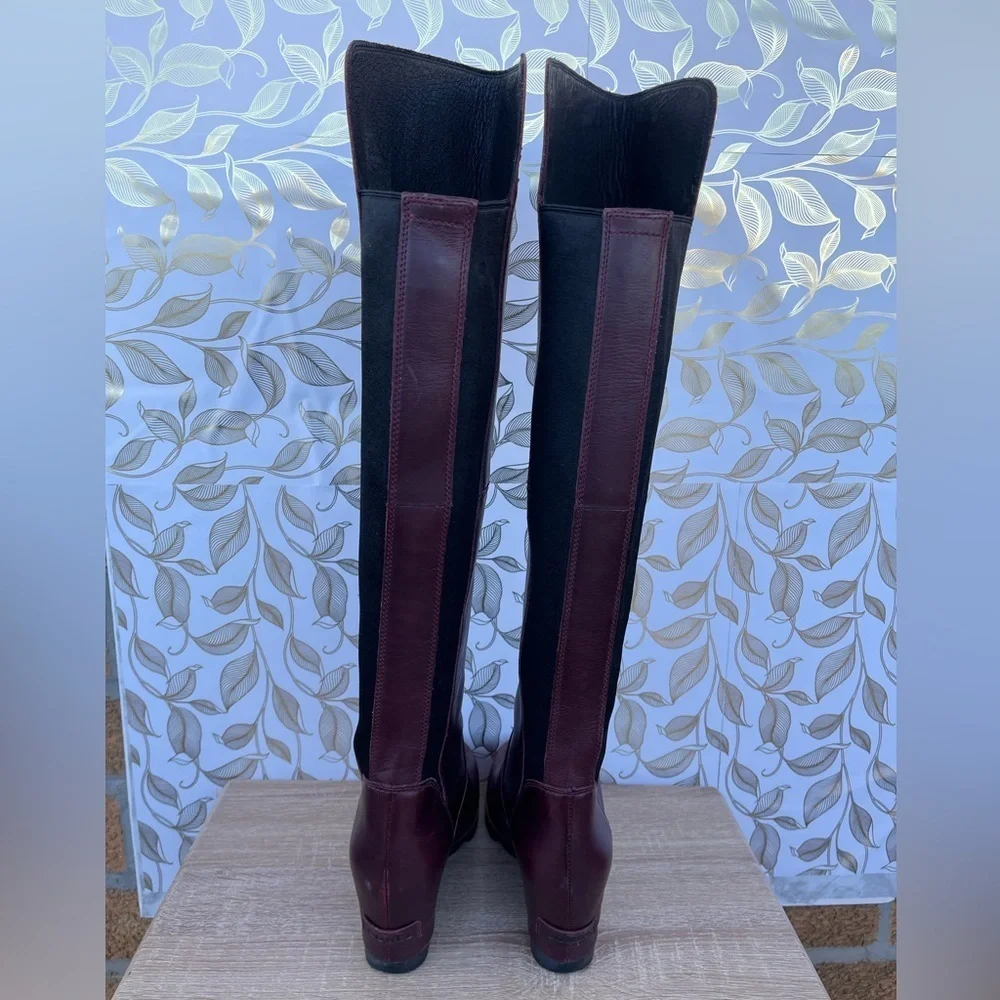 Sorel Fiona OTK Wedge Boots in Dark Burgundy Leather | Size 8.5